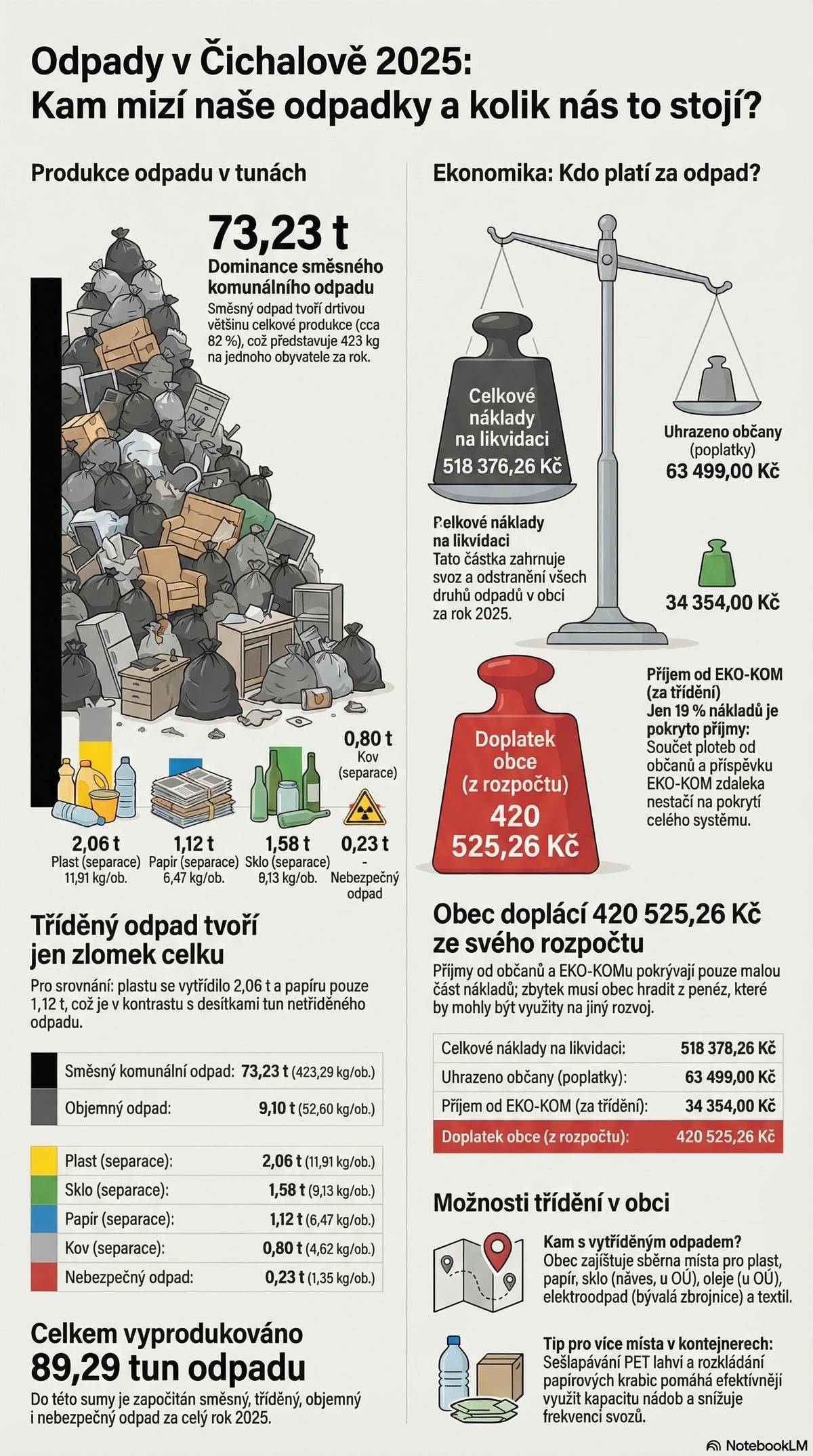 Obec Čichalov zveřejňuje jednoduchou analýzu odpadového hospodářství. V České republice máme efektivní systém nakládání s odpady a patříme mezi evropské lídry v třídění odpadu. Přesto každý z nás může přispět k řešení globálního problému s odpady. V dnešní době nadměrné spotřeby můžeme začít tím, že omezíme používání plastů, budeme uvážliví při nákupu nových věcí a odpad budeme správně třídit do nádob k tomu určených.
