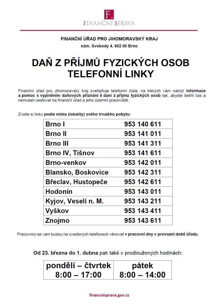 Telefonní linky pro informace k daňovému přiznání k dani z příjmu fyzických osob