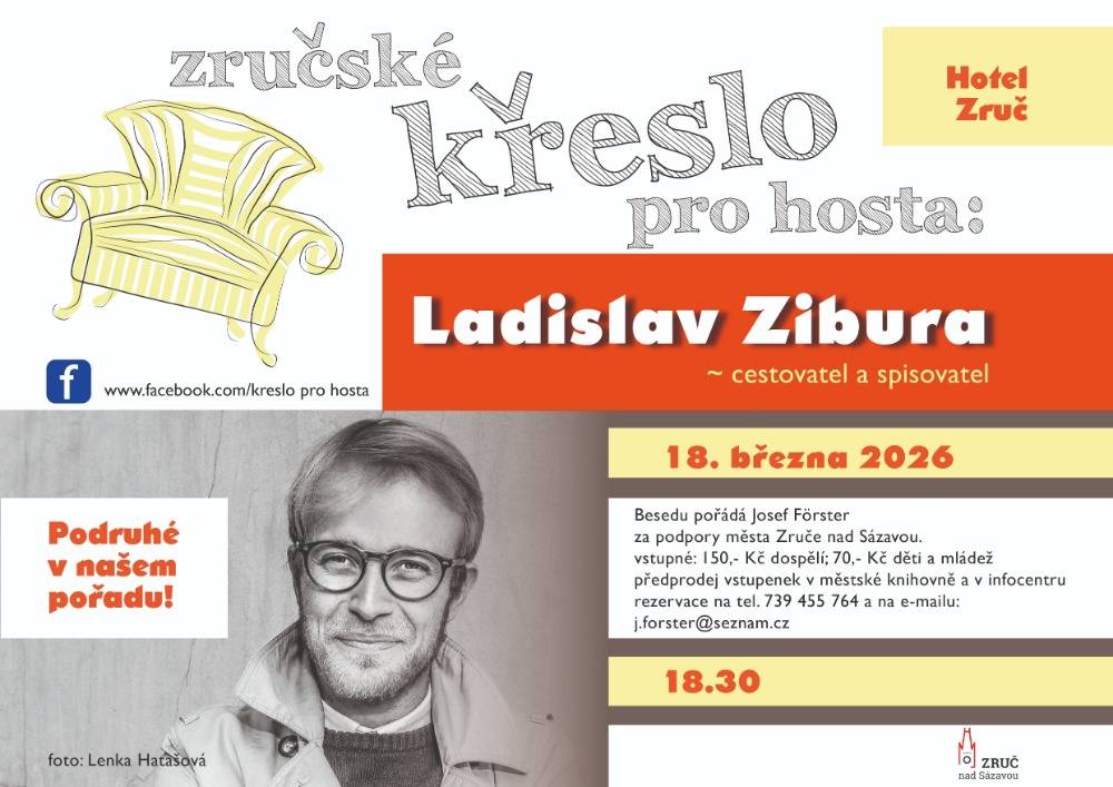 Oblíbený cestovatel a spisovatel Ladislav Zibura je zpět! Další křeslo pro hosta bude 18. března od 18:30 v Hotelu Zruč a čeká vás večer plný cestovatelských historek, nečekaných situací a vyprávění s nadhledem, který k němu neodmyslitelně patří. Vstupenky již v předprodeji.