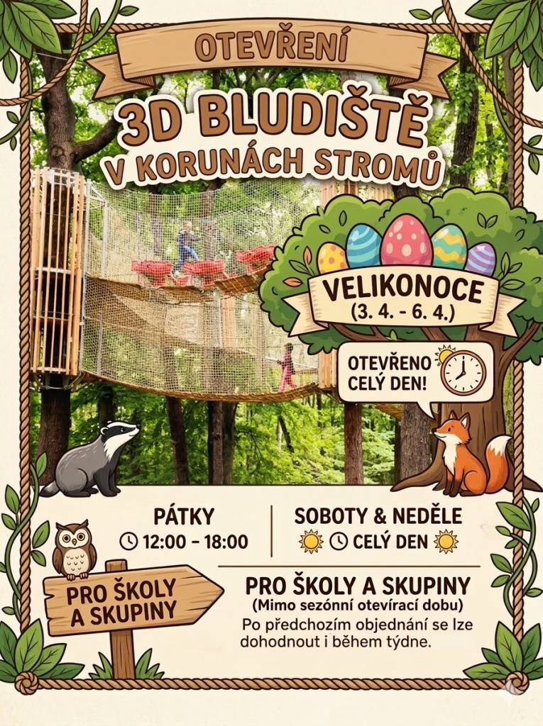 Zveme vás do oblíbeného 3D bludiště v korunách stromů, které opět otevírá své brány! Přijďte si užít netradiční zážitek mezi stromy, a to hned během Velikonoc od 3. do 6. dubna, kdy bude areál otevřený po celý den.