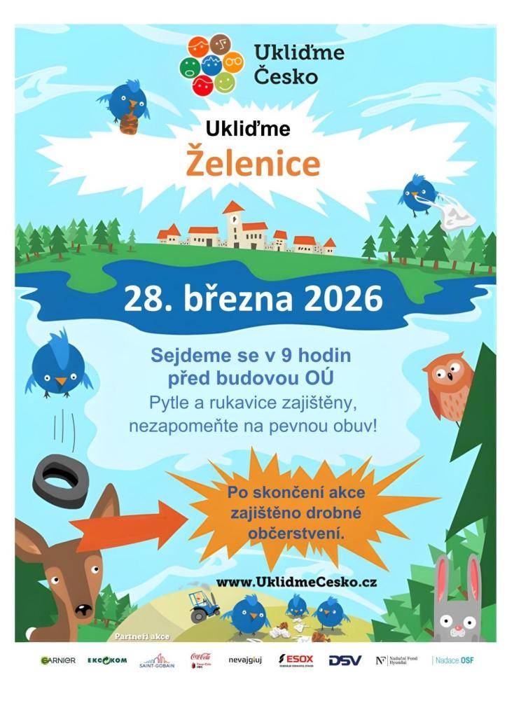 28.03.2026 - Ukliďme Želenice    Sraz před budovou OÚ v 9 hodin.  Dobrovolníci i s dětmi vítáni, po skončení akce je zajištěno drobné občerstvení.