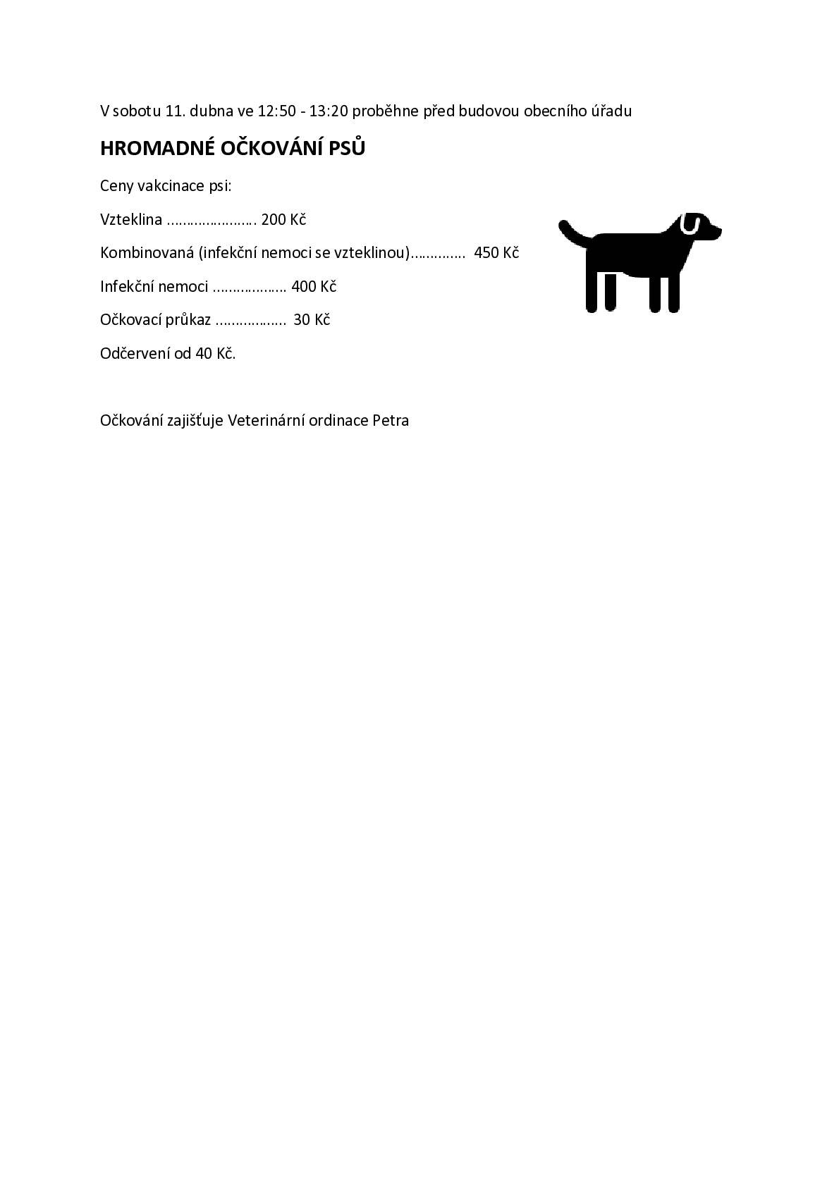 V sobotu 11. dubna proběhne před budovou obecního úřadu hromandé  očkování psů. Více infomací najdete v příloze.