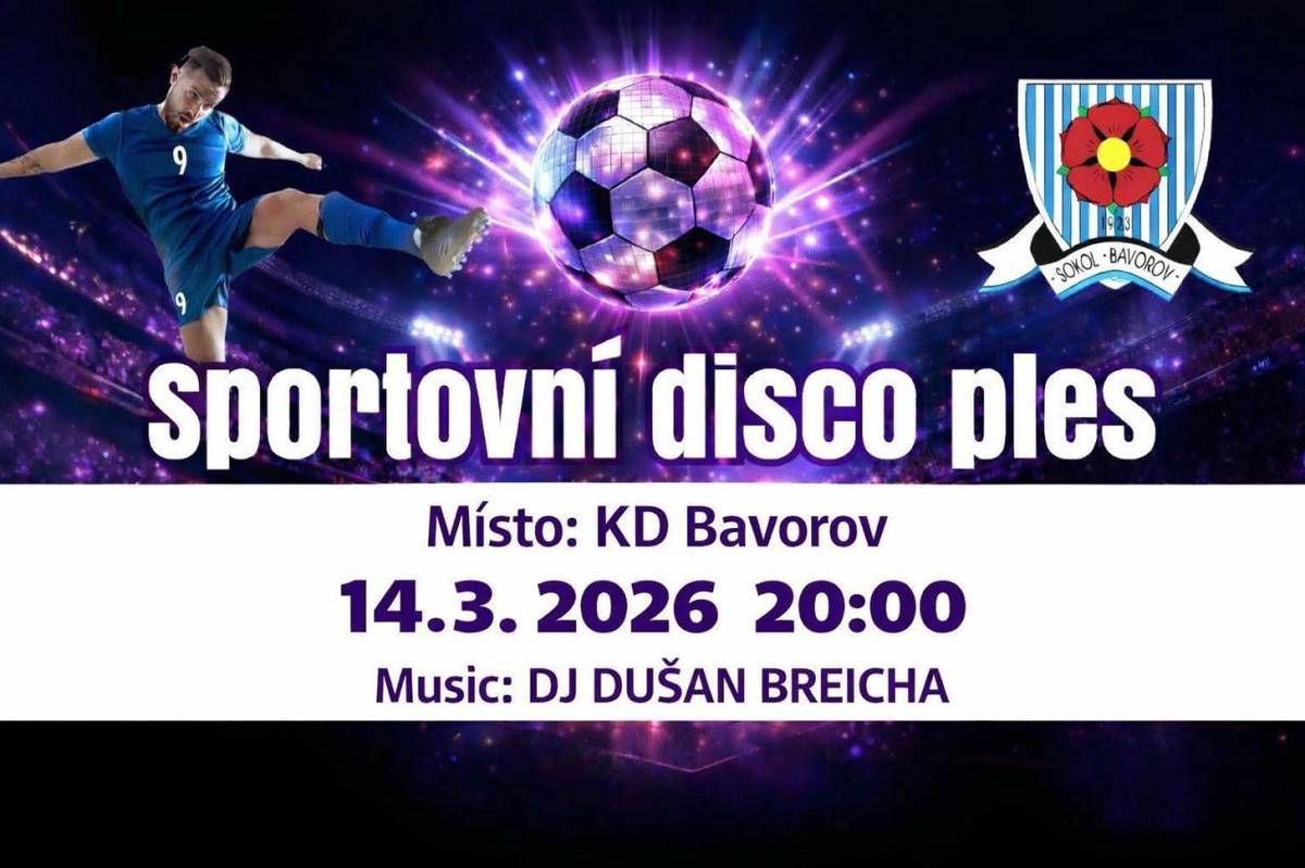 TJ Sokol Bavorov vás tuto sobotu zve na sportovní disco ples, který se uskuteční v Kulturním domě Bavorov. Bude hrát DJ Dušan Breicha a můžete se těšit na bohatou tombolu.