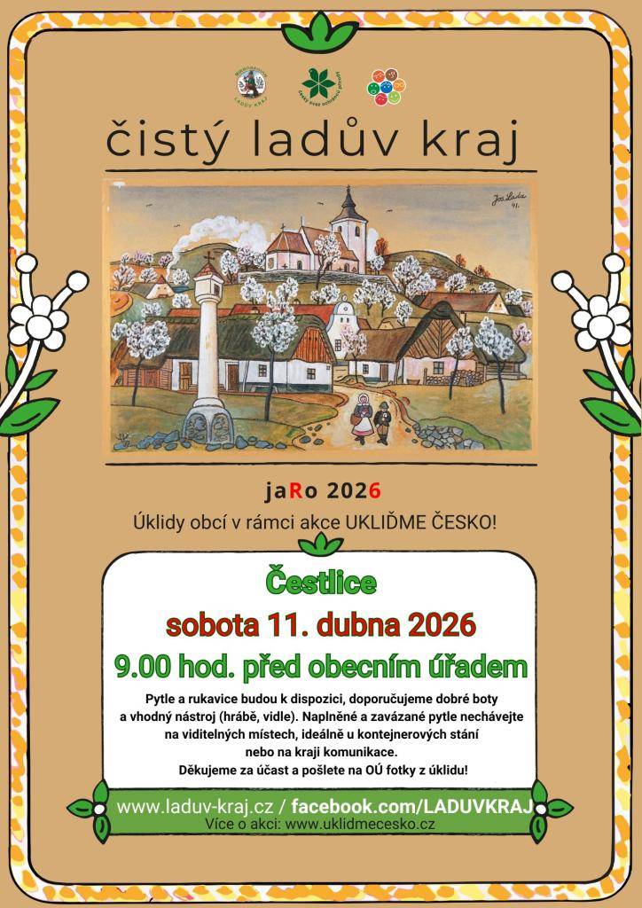 Ukliďme Čestlice - sraz v sobotu 11.4.2026 v 9 hodin před Obecním úřadem.