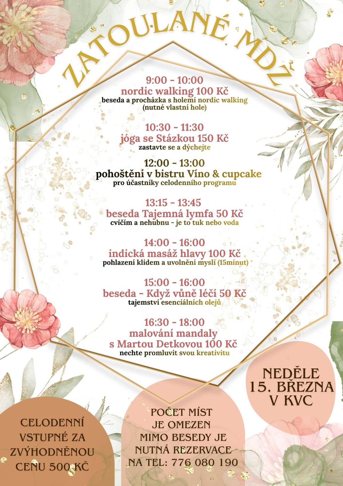 Milé ženy, zastavte se na chvíli v každodenním shonu a dopřejte si den, který bude patřit jen vám. Přijďte se nadechnout, protáhnout tělo, uvolnit mysl a načerpat novou energii. Čeká vás den plný inspirace, péče a příjemných setkání. 🌿 ranní nordic walking a rozhýbání těla 🧘♀️ jóga se Stázkou pro klid a dech 🍰 pohoštění v bistru VÍNO & cupcake 💧 zajímavá beseda Tajemná lymfa 💆♀️ indická masáž hlavy pro hluboké uvolnění 🌸 povídání o síle esenciálních olejů 🎨 a nakonec malování mandaly, kde necháte promluvit svou kreativitu 💫 Den, kdy můžete zpomalit. 💫 Den, kdy uděláte něco hezkého pro své tělo i duši. 📅 Neděle 15. března v KVC Počet míst je omezen, proto si své místo rezervujte na 📞 776 080 190 Těšíme se na společné chvíle plné radosti, klidu a ženské energie. 🌸