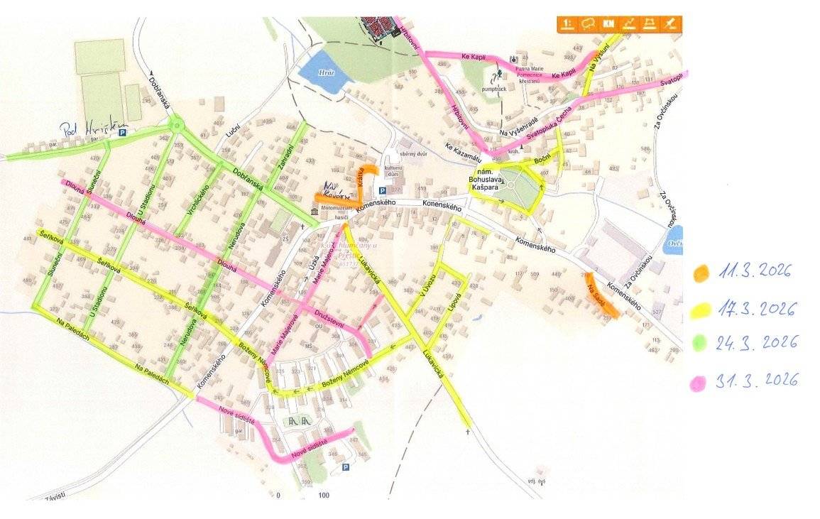 Oznamujeme občanům, že bude prováděno čištění místních komunikací, a to vždy od 7:30 hod. do 15:00 hod.: 11.3.2026 v ulicích: V Hořejkách, Na Sadě, Krátká, Na Kovárně, Hradčany,  17.3.2026 v ulicích: Boční, Na Výsluní, Nám. Bohuslava Kašpara, Boženy Němcové, Šeříkova, Lukavická, Na Paledách, V Úvozu, Lipová,  24.3.2026 v ulicích: Zahradní, Pod Hřištěm, Sluneční, U Stadionu, Vrchlického, Nerudova, Dobřanská, V Rumunsku,  31.3.2026 v ulicích: Družstevní, Dlouhá, Marie Majerová, Ke Kapli, Hřbitovní, Nové Sídliště, Svatopluka Čecha. Žádáme všechny majitele motorových vozidel, aby si v daný den přeparkovali svá vozidla a umožnili kvalitní čištění místních komunikací. Bližší informace o čištění komunikací naleznete na webových stránkách a Facebooku obce. Děkujeme za pochopení.