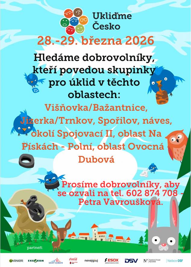Fakt ti záleží, jak to u nás ve vsi vypadá? Dokaž to a pomoz při organizaci dobrovolnického úklidu. Pro skupinky budou zajištěny pytle a rukavice. Přesný den a čas úklidu je na Tobě a tvé partě. Držíme se ale víkendu 28.-.29.3.2026.  Jestli do toho jdeš, tak se ozvi - kontakt níže.  Díky, že pomáháš