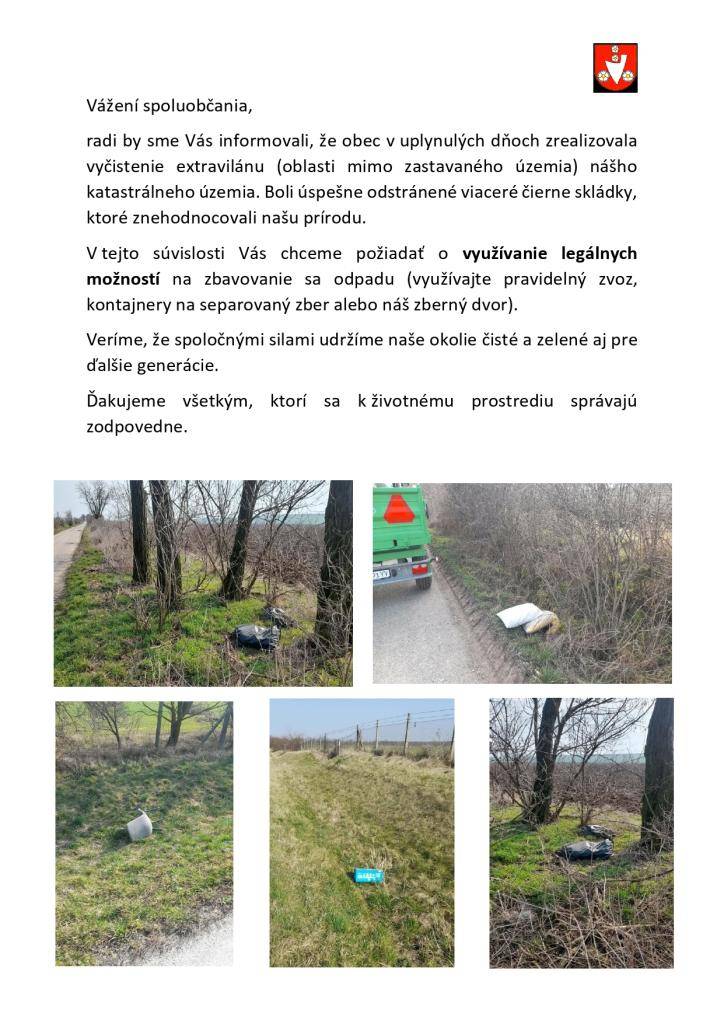 Oznam o odstránení čiernych skládok odpadu z extravilánu nášho katastrálneho územia.