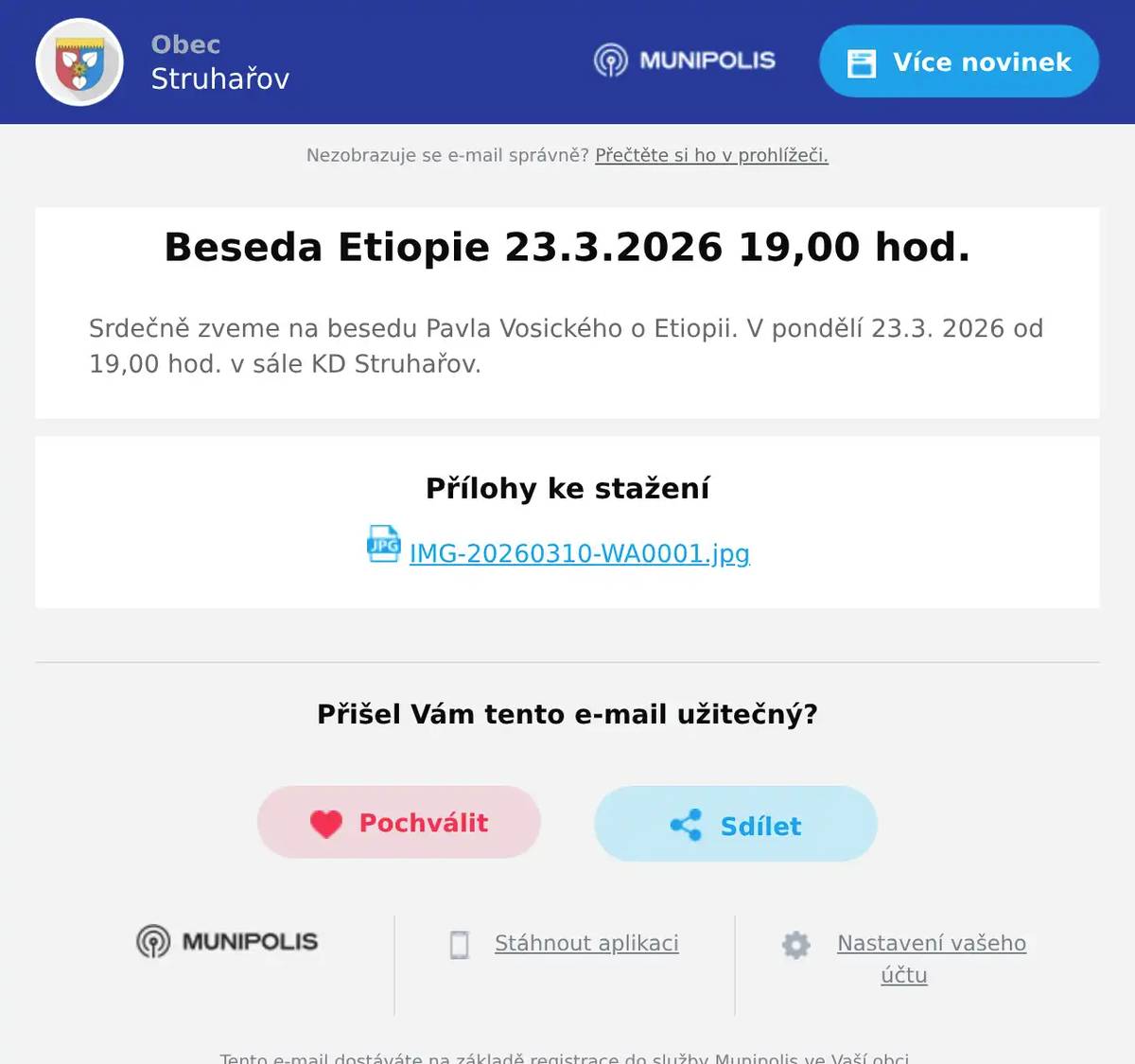 Srdečně zveme na besedu Pavla Vosického o Etiopii. V pondělí 23.3. 2026 od 19,00 hod. v sále KD Struhařov.