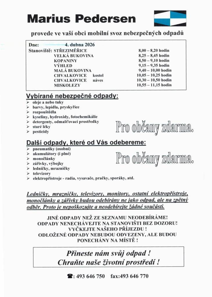 Mobilní svoz nebezpečných odpadů dne 4.4.2026
