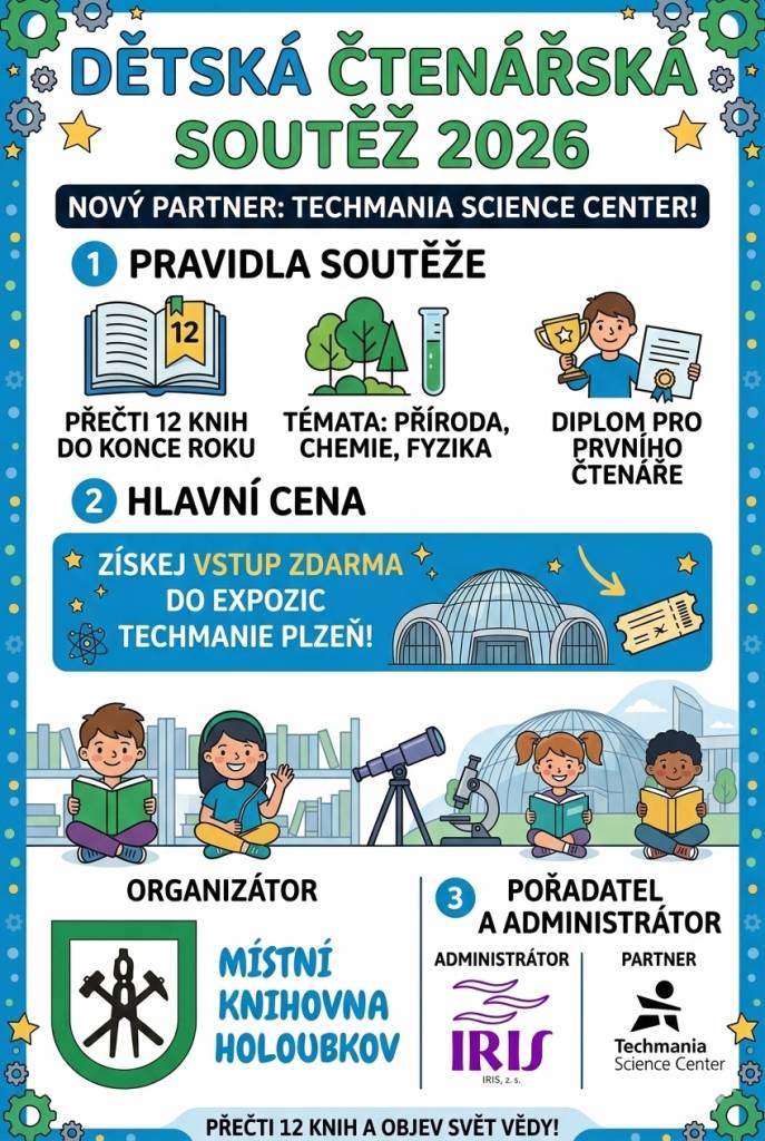 Naše knihovna se i letos zapojuje do dětské čtenářské soutěže. V roce 2026 je partnerem plzeňská Techmania Science Center.