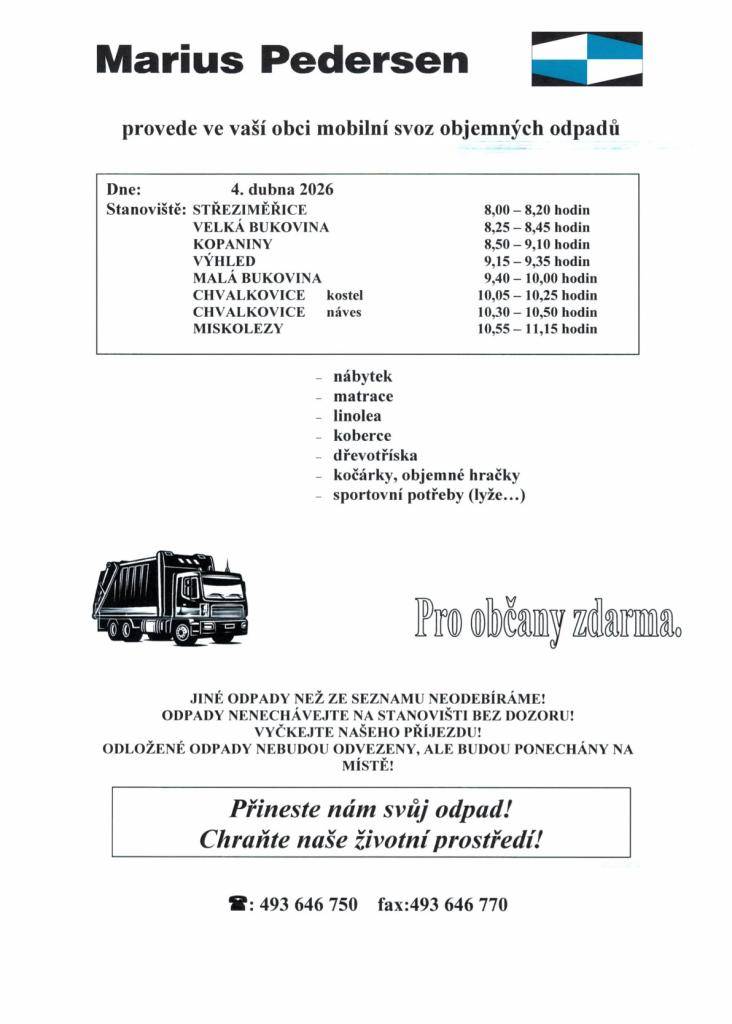 Mobilní svoz objemných odpadů dne 4.4.2026