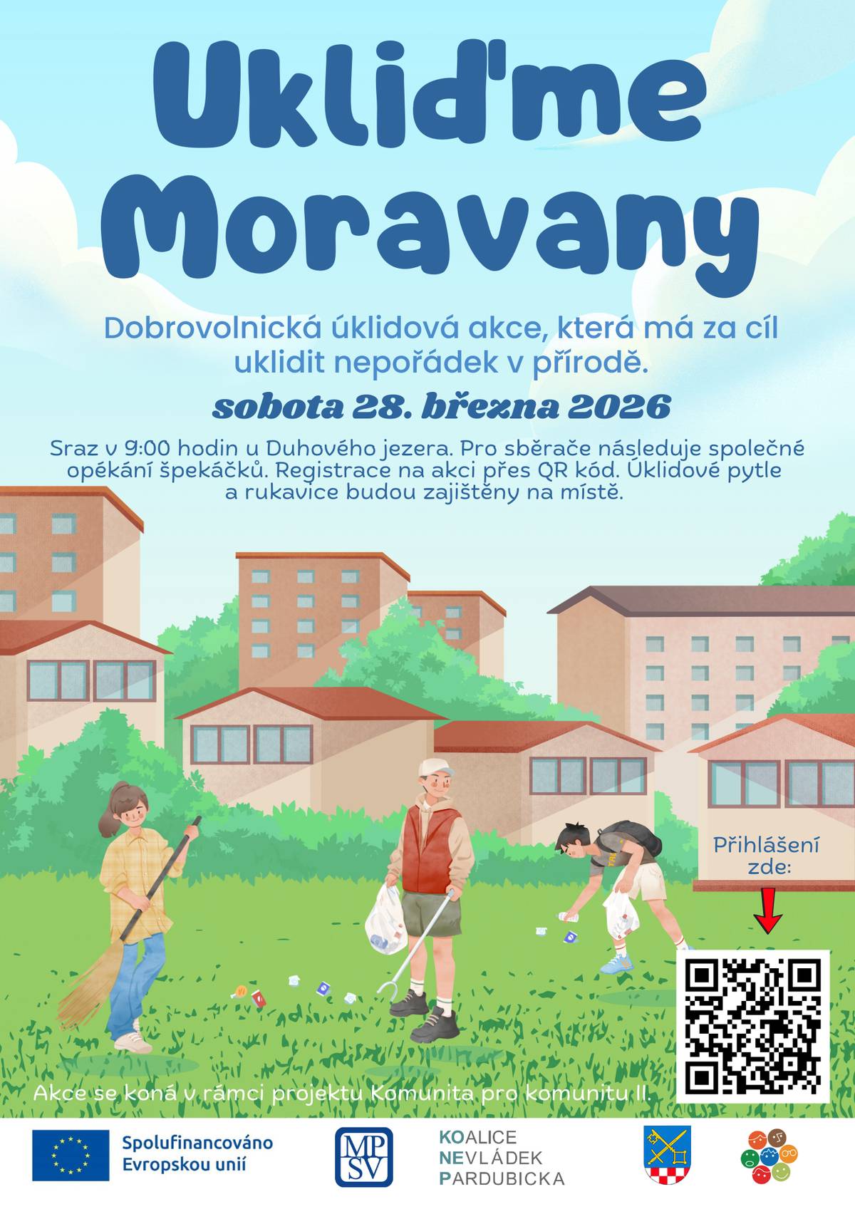 Zveme na dobrovolnickou úklidovou akci "Ukliďme Moravany", která se koná 28. 3. 2026. Sraz je v 9,00 hod. u Duhového jezera. Po úklidu bude následovat opékání špekáčků.