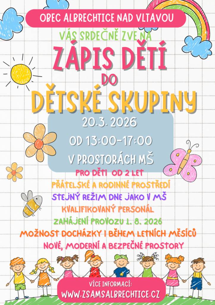 Na našich webových stránkách nyní najdete všechny potřebné informace a dokumenty ke stažení týkající se Dětské skupiny.    Odkaz zde:  https://www.albrechticenadvltavou.cz/obecni-urad/detska-skupina/