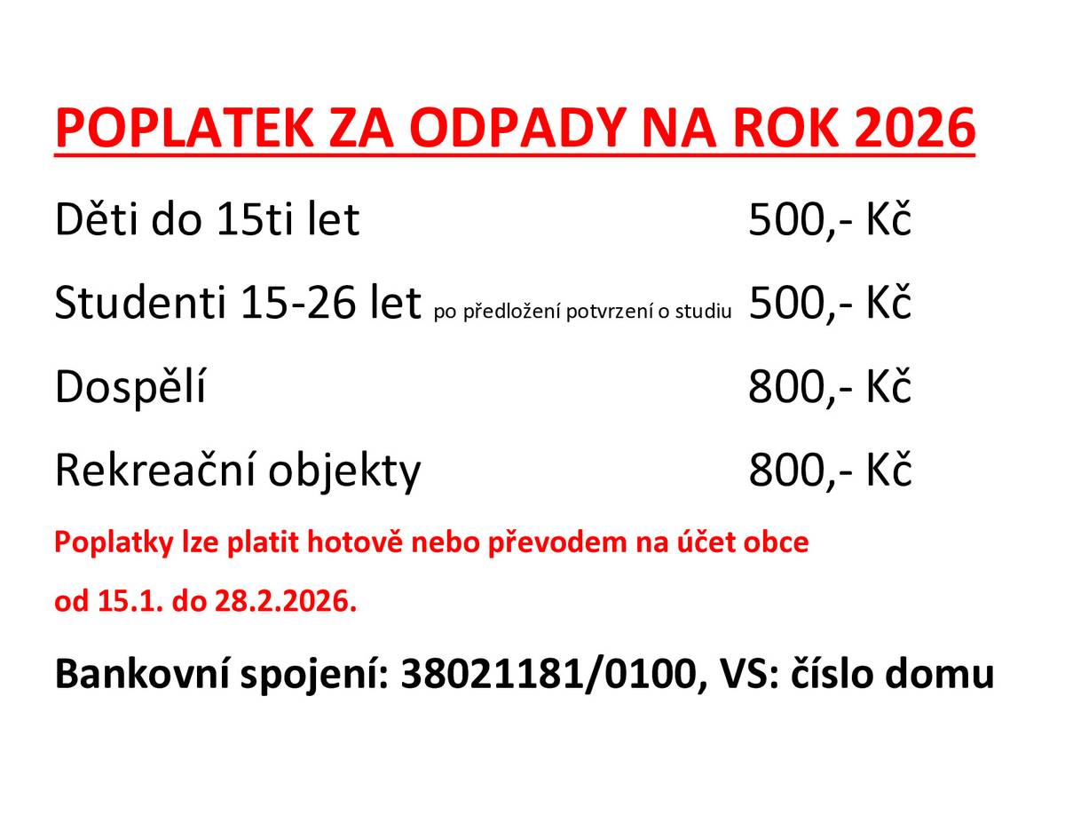 žádáme všechny obyvatele, kteří dosud neuhradili poplatek za odpady na rok 2026, aby tak učinili nejpozději do pondělí 16. března 2026.   Platí se za každou trvale hlášenou osobu vč. dětí, pokud není v domě hlášena trvale žádná osoba, platí se za nemovitost. Uhradit jej můžete převodem na účet obce nebo hotově na obecním úřadě. Známky na popelnice k uhrazeným poplatkům zaplaceným bezhotovostně (na účet) jsou k vyzvednutí na oú.