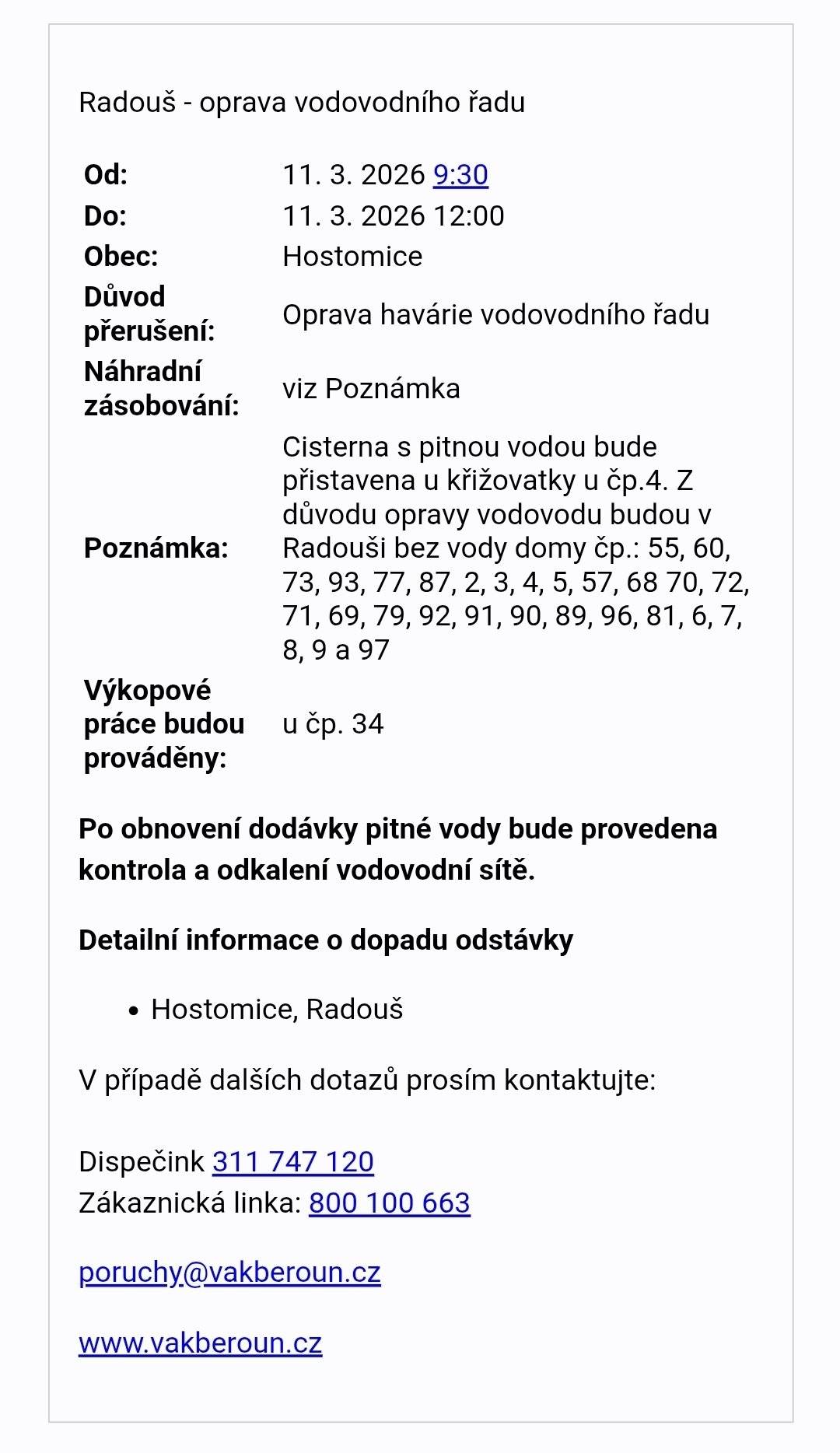 Radouš - cisterna s pitnou vodou u č.p. 4. Odstávka do 12:00.