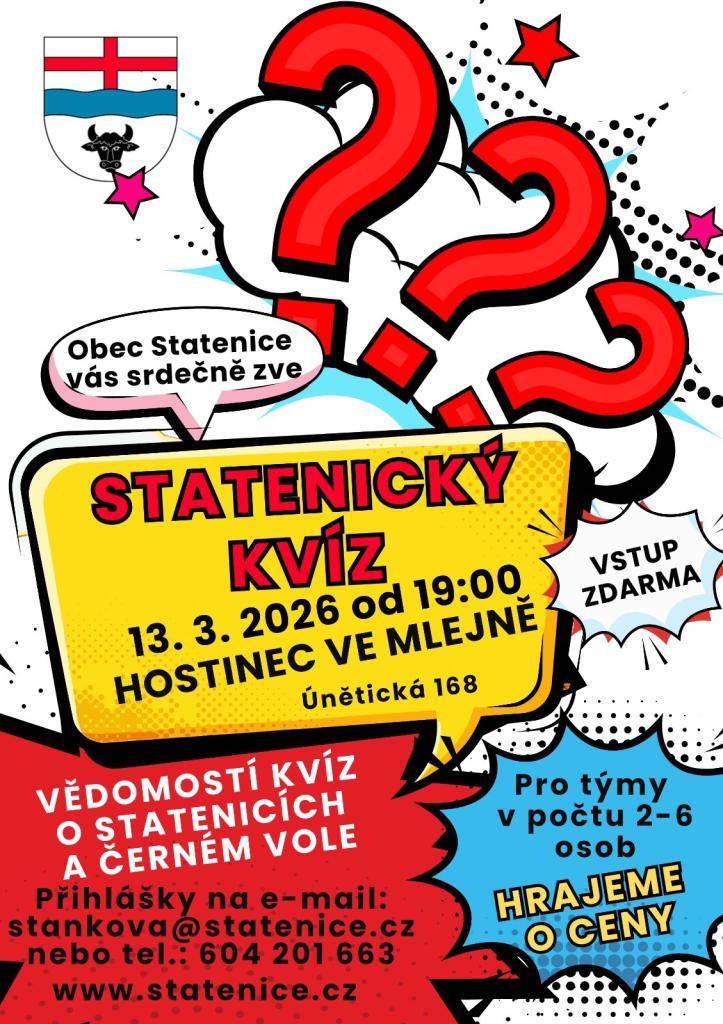 Už tento pátek Vás všechny zveme do Černého Vola na statenický kvíz. přijďte si s námi zasoutěžit do hostince Ve Mlejně a zjistěte, jak dobře znáte své bydliště.