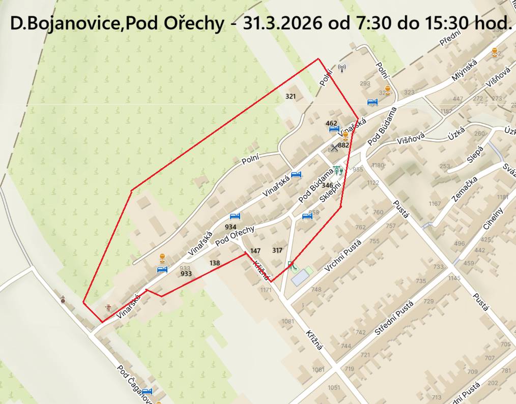 Z důvodu plánovaných prací na zařízení distribuční soustavy bude přerušena dodávka elektrické energie v době od 7:30 - 15:30 hodin. v ulicích Vinařská, Pod Ořechy, část ulice Polní, Sklepní, část ulice Pod Búdama a část ulice Křižná. V té samé oblasti proběhne odstávka také 2. dubna ve stejný čas.