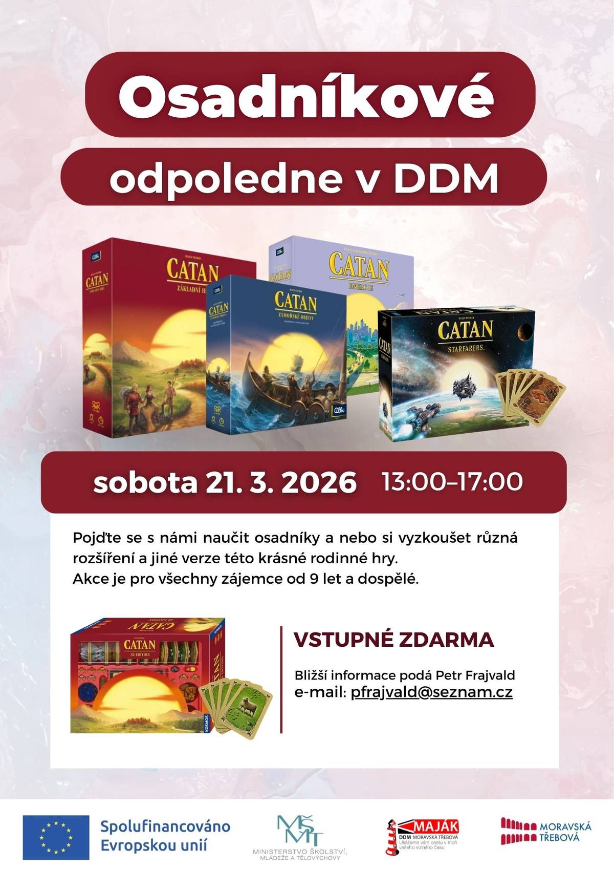 Máte přehled o tom, co se pro vás v DDM chystá a jakou nabídku mají připravenou na léto? Podívejte se na to s námi:  21.3.2026 Osadníkové odpoledne pro veřejnost v DDM Mezinárodní výměna mládeže 2026, která probíhá za finanční podpory města  Přehledný plakátek všech táborů na léto 2026  Více informací na www.ddm-mt.cz