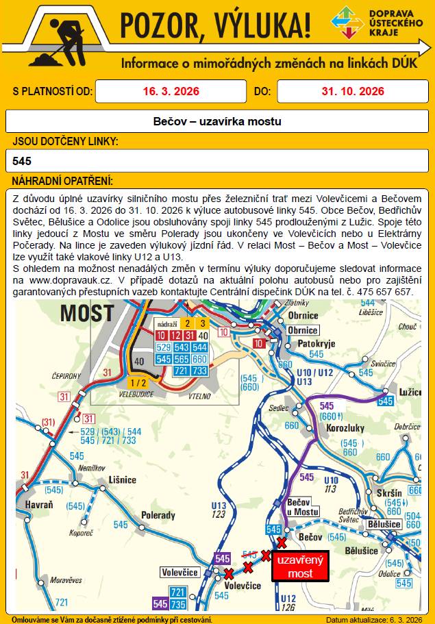 Informujeme občany,že od 16.3. 2026 do 31.10.2026 dochází k výluce autobusové linky 545. Více info viz. letáček.
