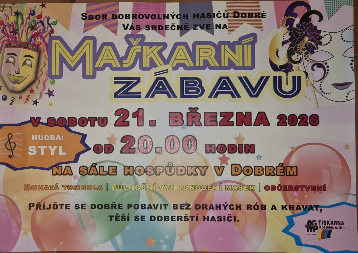 v sobotu 21.3.2026 od 20:00  na sále hospůdky v Dobrém  Jste srdečně zváni!