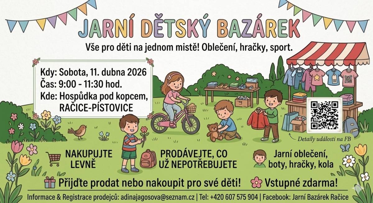 Jarní dětský bazárek v sobotu 11.dubna 2026 v čase 9:00-11:30 hod. v Hospůdce pod kopcem, Račice-Pístovice.