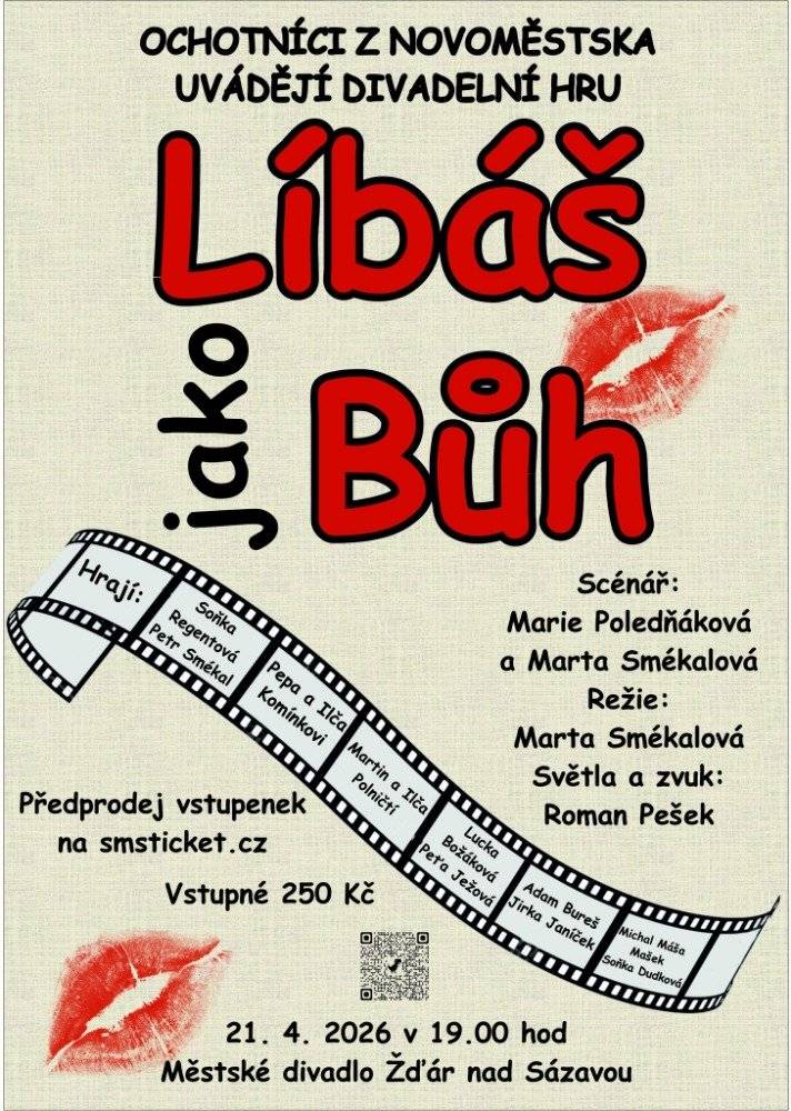 Všechny vás zveme na naše divadelní představení. Hrajeme v Novém Města 25.3.,28.3.,29.3.,10.4. a 11.4.2026, ve Žďáru nad Sázavou 21.4.2026. Podrobnosti najdete v přiložených plakátech