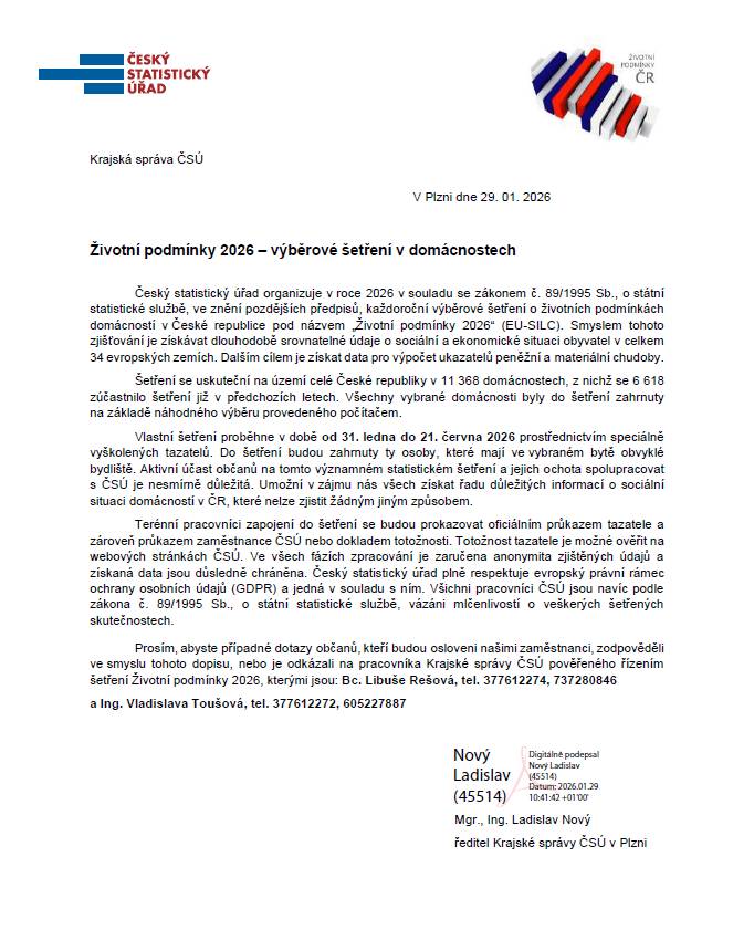 Český statistický úřad organizuje v roce 2026 v souladu se zákonem č. 89/1995 Sb., o státní statistické službě, ve znění pozdějších předpisů, každoroční výběrové šetření o životních podmínkách domácností v ČR. Vlastní šetření proběhne v době od 31.ledna do 21. června 2026.