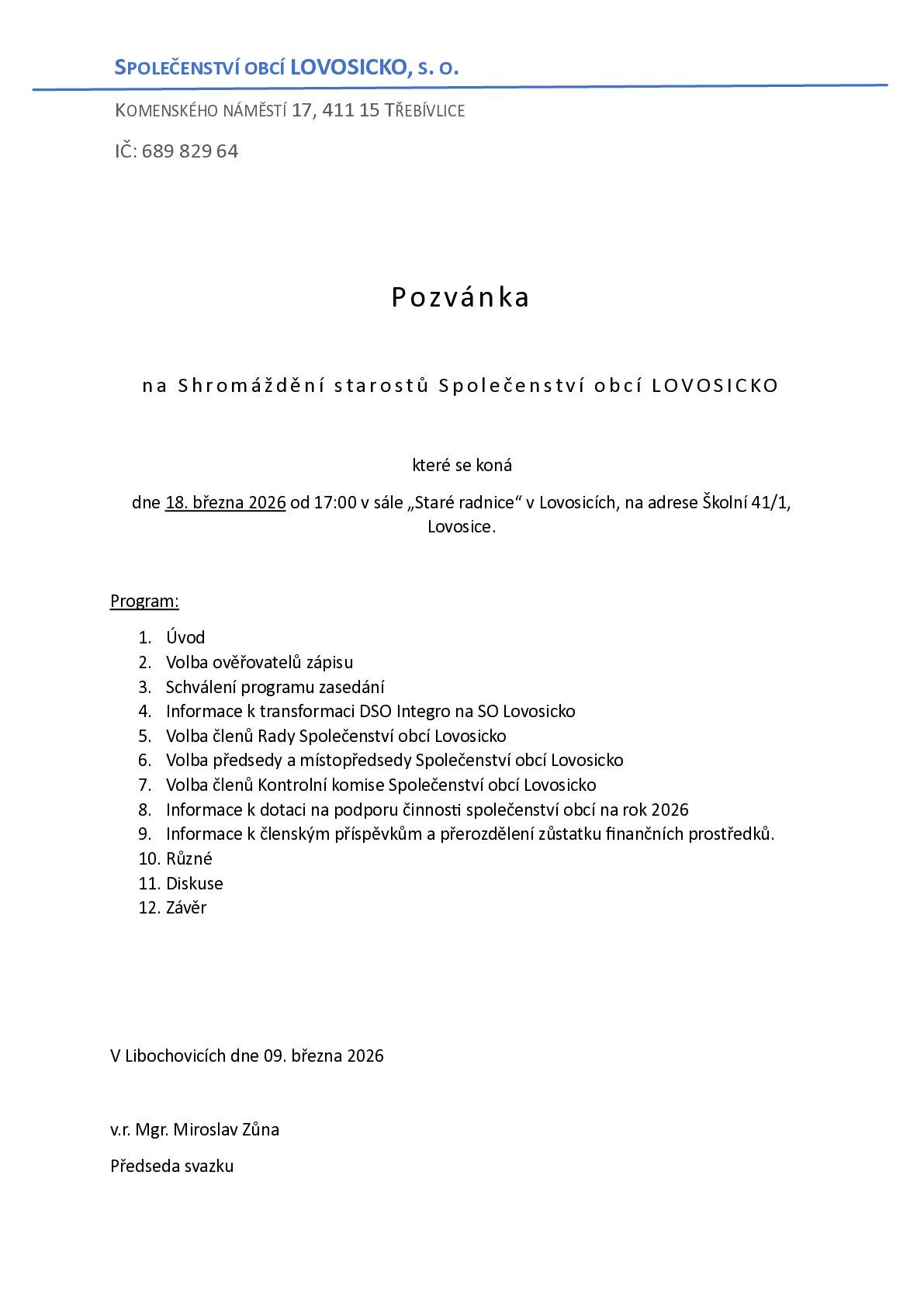 Pozvánka na shromáždění starostů Společenství obcí Lovosicko