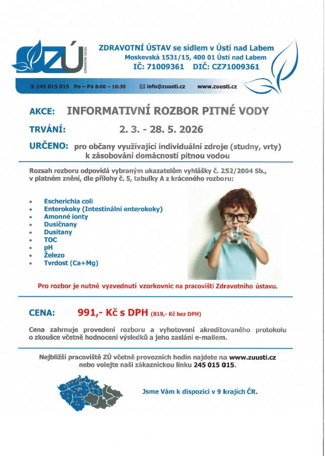 Informujeme občany, že v současné době probíhá rozbor pitné vody. Podrobnější informace naleznete v přiloženém letáčku. V případě zájmu o zapojení či bližší informace se můžete obrátit na referenta obce na telefonním čísle 770 662 661,