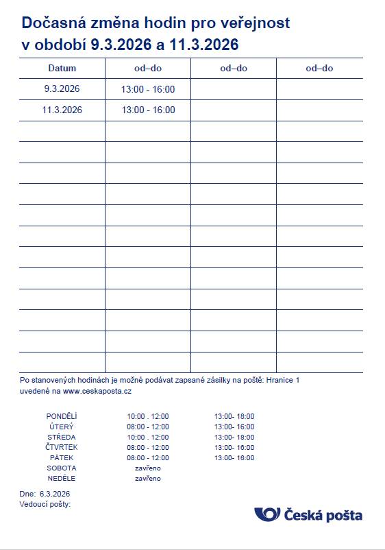 Pošta Partner bude v pondělí 9. března a ve středu 11. března 2026 otevřena pouze v odpoledních hodinách, od 13 do 16 hodin. Děkujeme za pochopení.