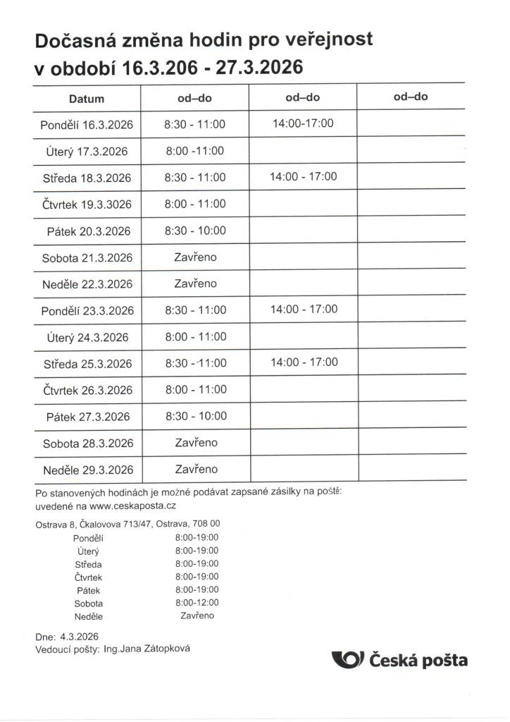 Dočasná změna hodin pro veřejnost v období od 16.3.2026 - 27.3.2026.
