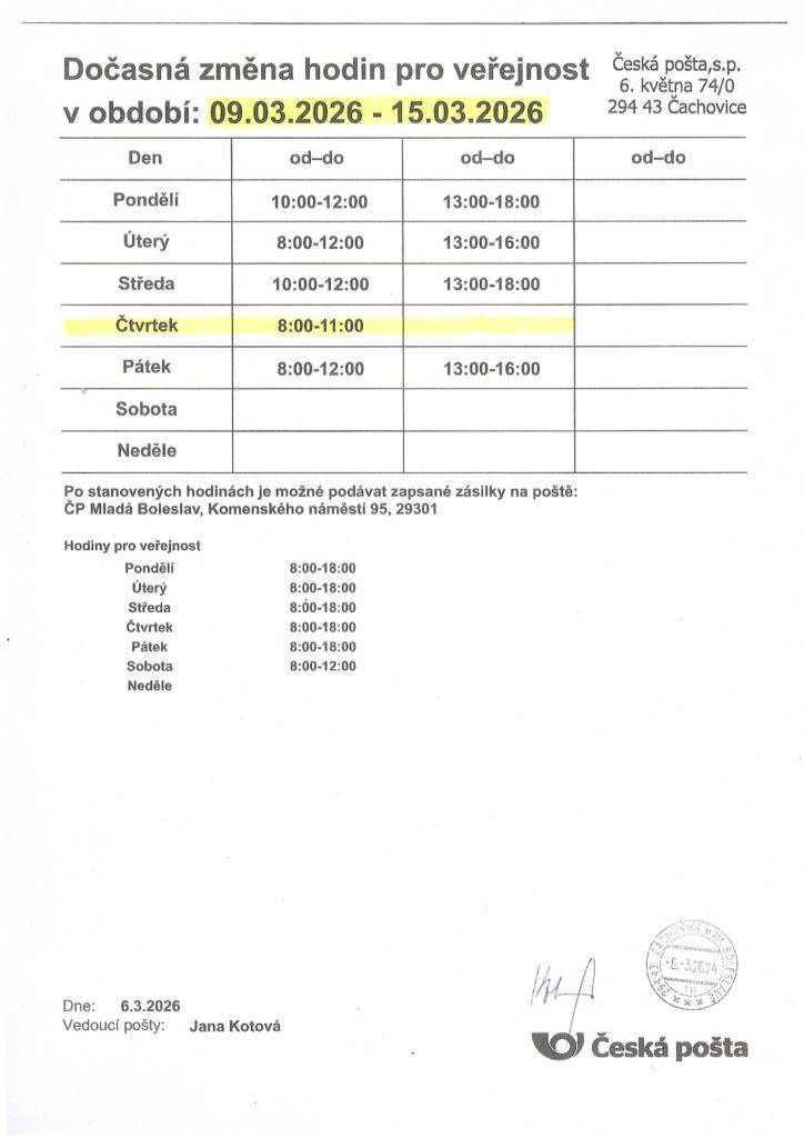 Pošta Čachovice bude mít ve čtvrtek 12.3.2026 omezenou pracovní dobu, otevřeno bude pouze 8:00-11:00.