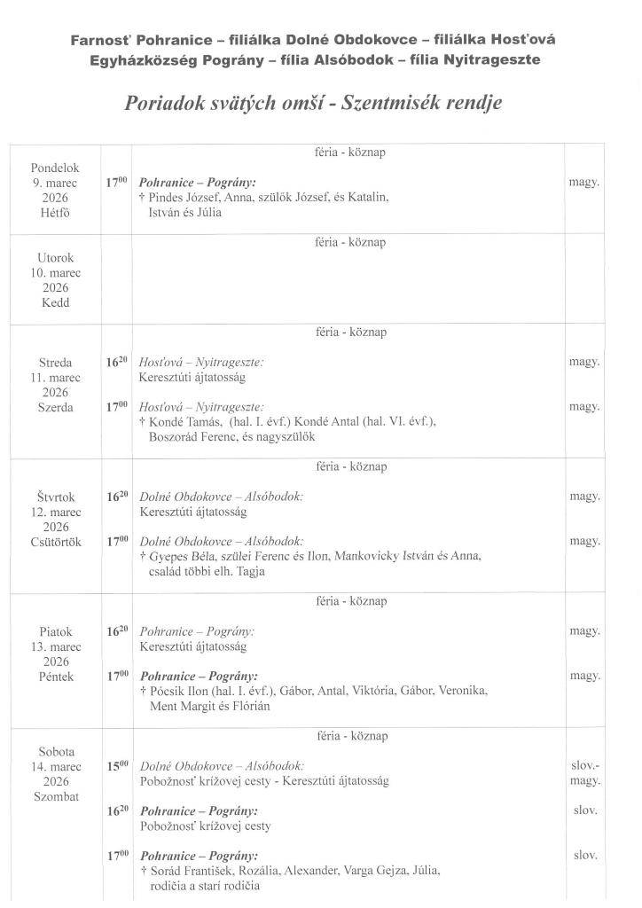 Poriadok svätých omší - Szentmisék rendje