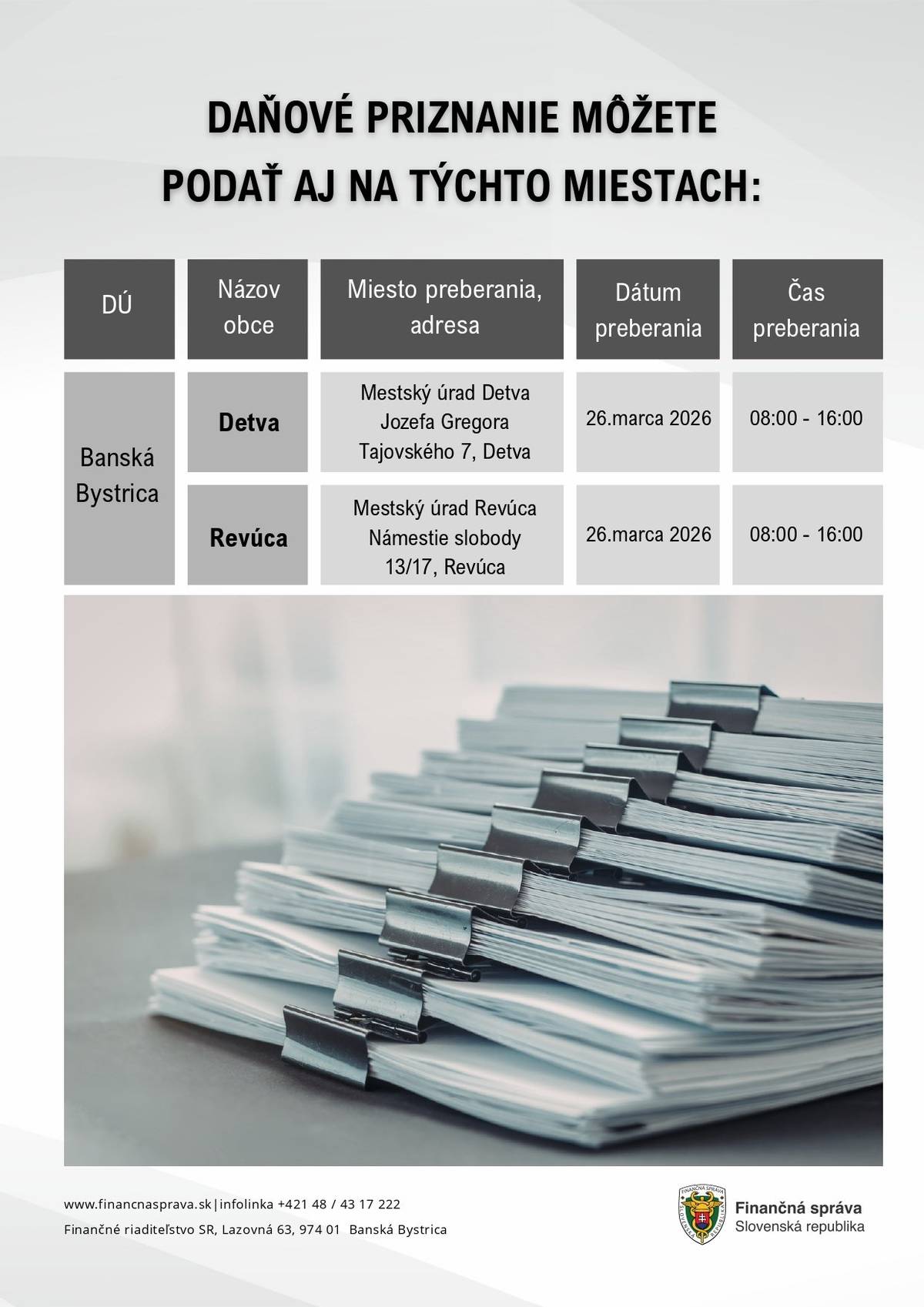 Daňový úrad Banská Bystrica zabezpečí preberanie daňových priznaní aj priamo v našom meste.  Termín: štvrtok, 26. marca 2026 Čas: 08.00 – 16.00 h Miesto: zasadačka Mestského úradu v Revúcej  Tlačivá daňových priznaní sú dostupné vo vstupnej chodbe mestského úradu počas úradných hodín. Za spoluprácu ďakujeme Daňovému úradu Banská Bystrica – PDÚ Rimavská Sobota.