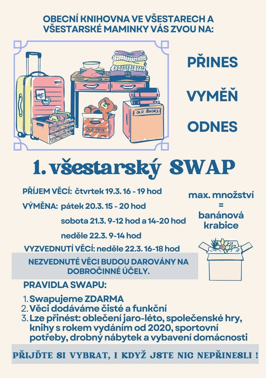 Obecní knihovna ve Všestarech a Všestarské maminky srdečně zvou na 1. všestarský SWAP. Přijďte si vyměnit oblečení, knihy, společenské hry a další věci, které už doma neupotřebíte. Akce začíná příjmem věcí ve čtvrtek 19. března 2026 od 16:00 do 19:00. Výměna proběhne v pátek 20. března od 15:00 do 20:00 a také v sobotu 21. března od 9:00 do 12:00 a od 14:00 do 20:00, a v neděli 22. března od 9:00 do 14:00. Zbylé věci si můžete vyzvednout v neděli od 16:00 do 18:00. Nevyzvednuté věci budou darovány na dobročinné účely.