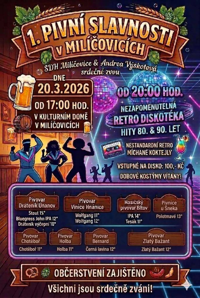 Vážení spoluobčané,  dovolujeme si Vás informovat o konání Pivních slavností, které se uskuteční v Milíčovicích dne 20. 3. 2026.  Podrobnější informace najdete v přiloženém dokumentu.  Všichni jste srdečně zváni.