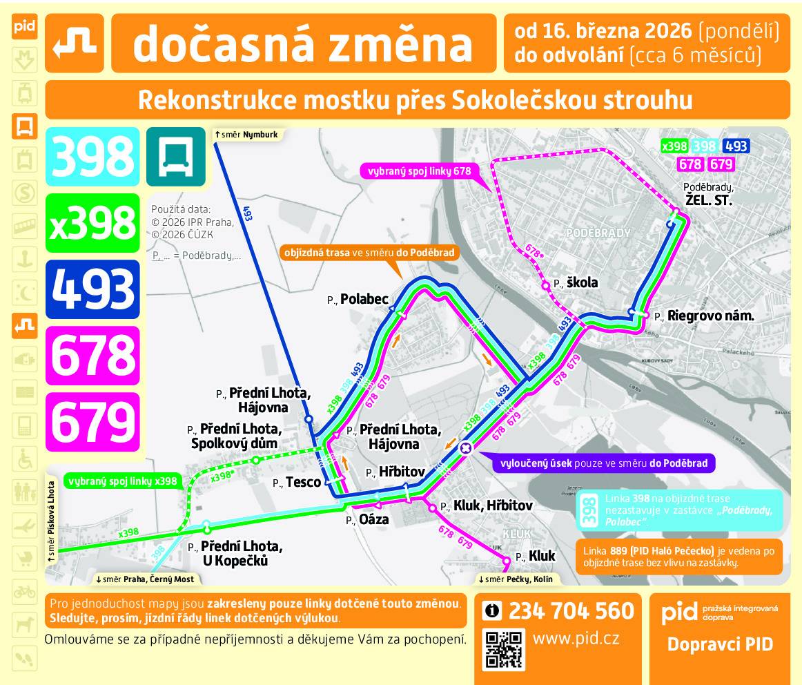 Od pondělí 16. 3. 2026 dochází k zahájení částečné uzavírky komunikace II/611 v Poděbradech mající vliv na provoz linek PID 398, X398. Aktuální podobu jízdních řádů autobusových linek naleznete v sekci jízdní řády na webu: https://pid.cz/jizdni-rady-podle-linek/