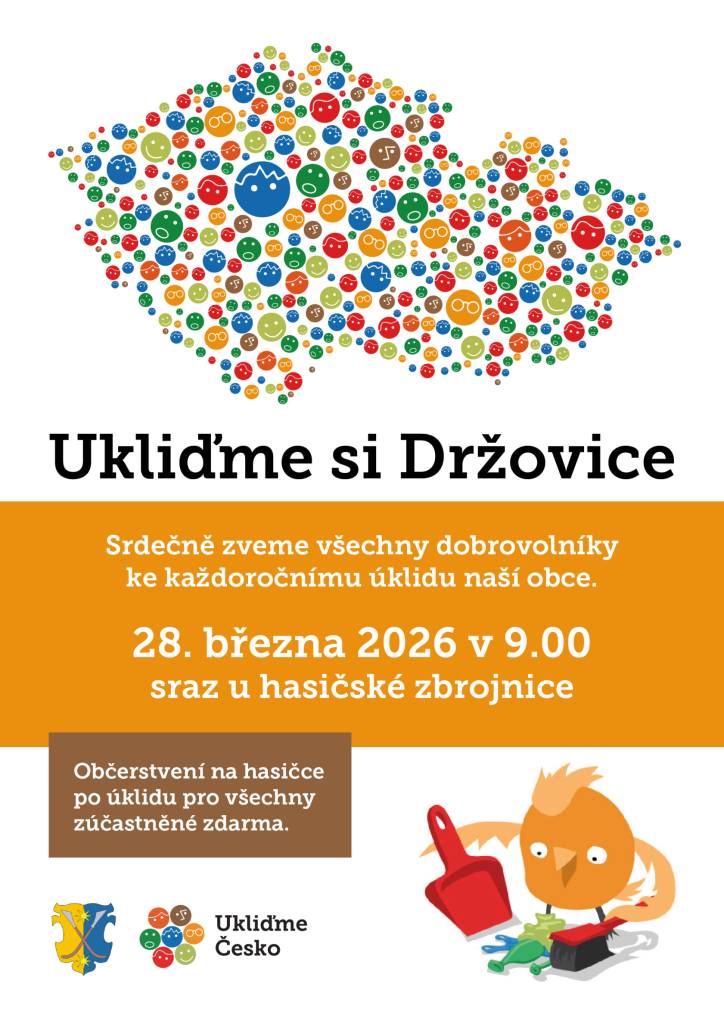 Srdečně zveme všechny obyvatele Držovic na tradiční jarní akci Ukliďme si Držovice.     Zveme také nově přistěhovalé - je to skvělá příležitost seznámit se. Každoročně máme také silnou účast dětí, které chodí bezpečnou trasu po cyklostezce v doprovodu mladých hasičů.