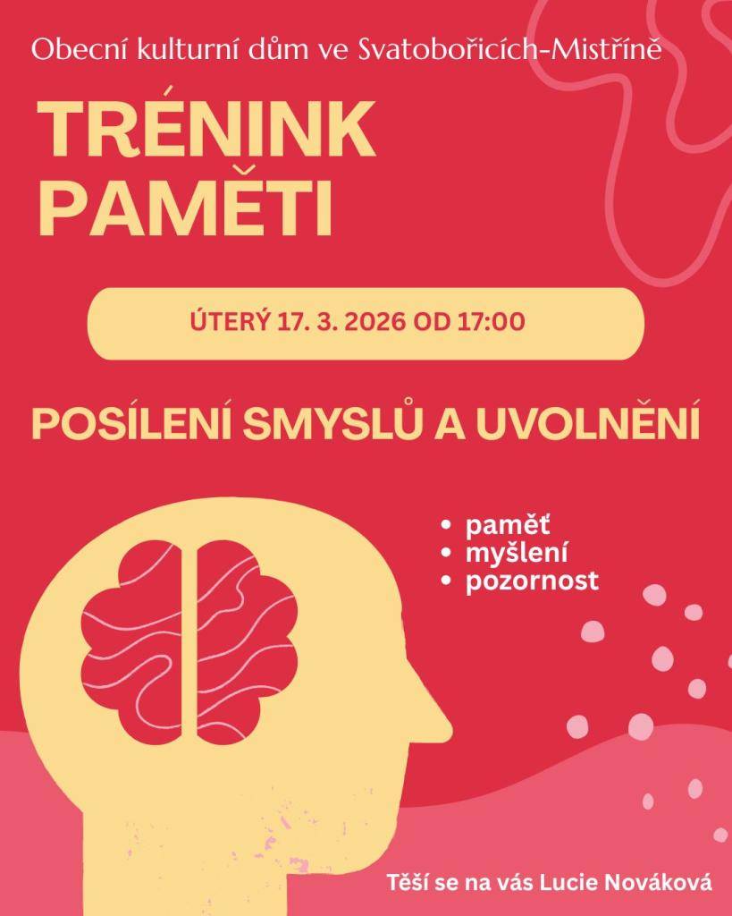 Zveme vás na trénink paměti, kde si hravou a praktickou formou vyzkoušíte jednoduché techniky pro lepší soustředění, zapamatování informací a mentální svěžest. Vše bez stresu, v příjemné atmosféře a s okamžitelně využitelnými tipy do běžného života.