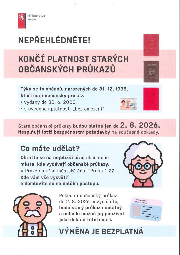 Informace o konci platnosti občanských průkazů vydaných do 30. 06. 2000 s uvedenou platností "bez omezení" a u občanů narozených do 31. 12. 1935.