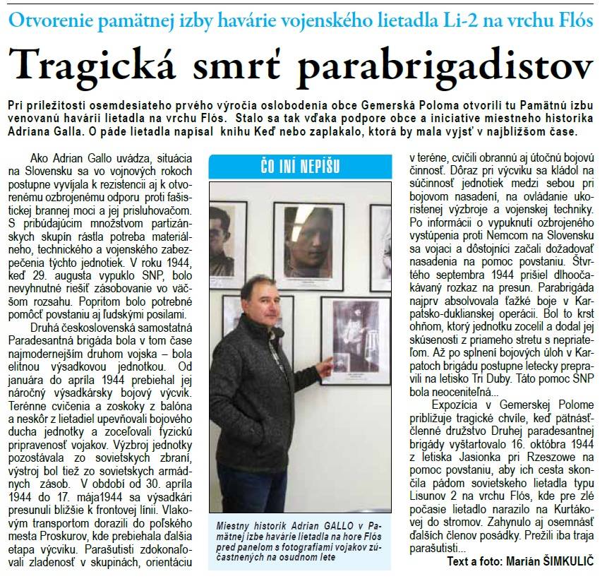 V článku "Otvorenie pamätnej izby havárie vojenského lietadla Li-2 na vrchu Flós -  Tragická smrť parabrigadistov" na strane č. 2