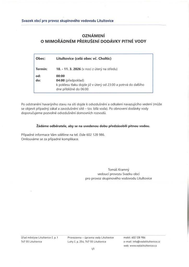Svazek obcí pro provoz skupinového vodovodu Litultovice informuje o mimořádném přerušení dodávky pitné vody