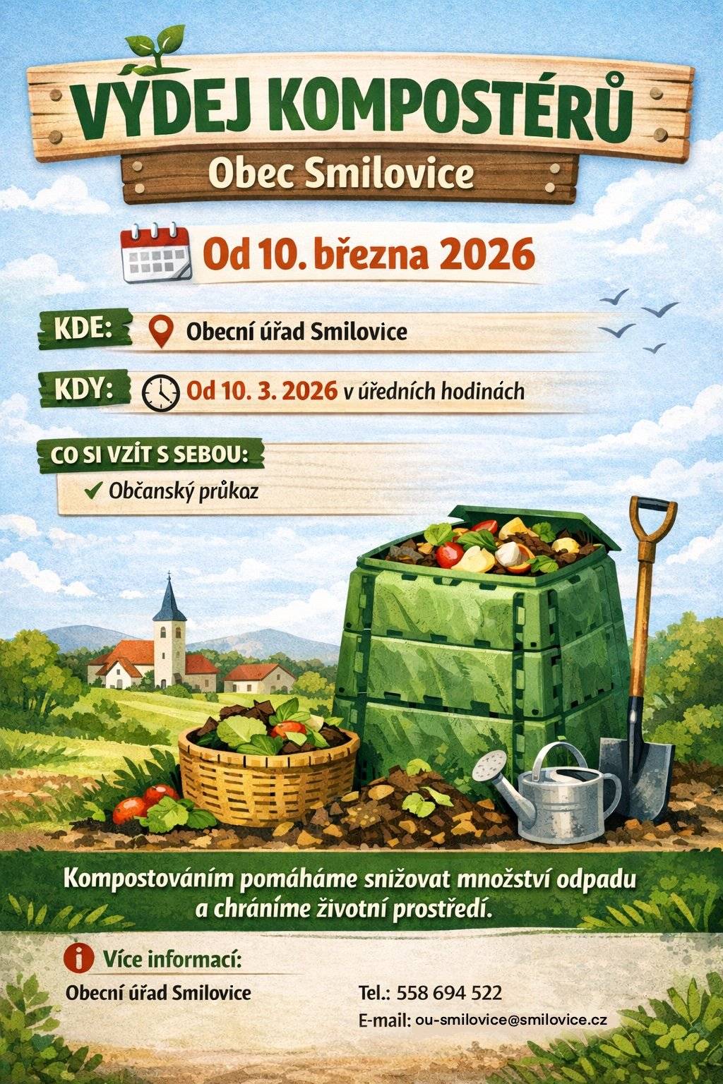 Na základě smlouvy o výpůjčce  a darování, sepsané se Sdružením obcí povodí Stonávky, mohou občané obce Smilovice získat ZDARMA nový zahradní kompostér, který slouží ke kompostování biologicky rozložitelného komunálního odpadu.  Jedná se o kompostér typu KOMP 1400 l, který byl pořízen za finanční podpory Fondů EU – z Operačního programu životní prostředí 2021-2027 v rámci projektu „Sdružení obcí povodí Stonávky – Předcházení vzniku odpadů“ Občané mohou již nyní posílat požadavky emailem na adresu:  ou-smilovice@smilovice.cz  (do předmětu zprávy uveďte KOMPOSTÉR) a sdělte, zda jste již dříve nějakou nádobu obdrželi. Do požadavku a pro následné sepsání smlouvy je nutno sdělit: JMÉNO, PŘÍJMENÍ, ADRESU BYDLIŠTE ve Smilovicích, rodné číslo. Dříve získané nádoby na kompost (v r. 2014, 2017, 2021) nijak žadatelé neomezují, avšak přednostně budou vydávány nádoby občanům, kteří ještě žádný kompostér neobdrželi. K podpisu smlouvy je nutno dostavit se pak osobně v úředních dnech PO a ST  od 8 -12, 13-17 hod.  Výdej kompostérů je možný až po podpisu smlouvy, kterou se prokážete i při vydání nádoby.