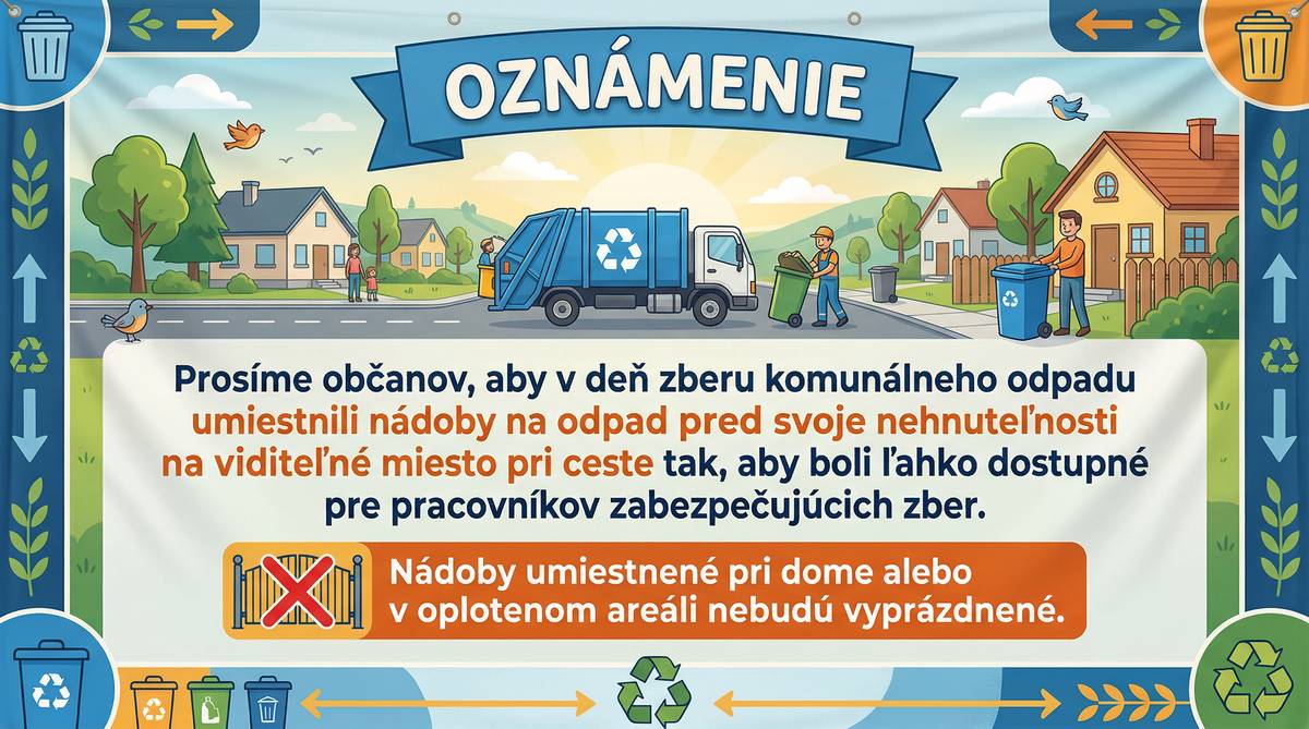 Žiadame občanov, aby v deň vývozu komunálneho odpadu vyložili zberné nádoby pred svoje nehnuteľnosti na viditeľné miesto pri komunikácii (napr. na chodník), tak aby boli pracovníkom zabezpečujúcim vývoz ľahko prístupné. Zberné nádoby, ktoré budú umiestnené pri dome alebo v oplotenom priestore, nebudú vyvezené.