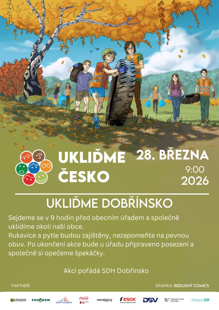 Zveme vás na úklidovou akci, která se koná 28. března 2026 v 9 hodin, sraz před OÚ. Společně uklidíme okolí naší obce. Rukavice a pytle jsou zajištěny, nezapomeňte na pevnou obuv! Po skončení úklidu si všichni společně pochutnáme na špekáčkách, které budou k dispozici vedle úřadu.