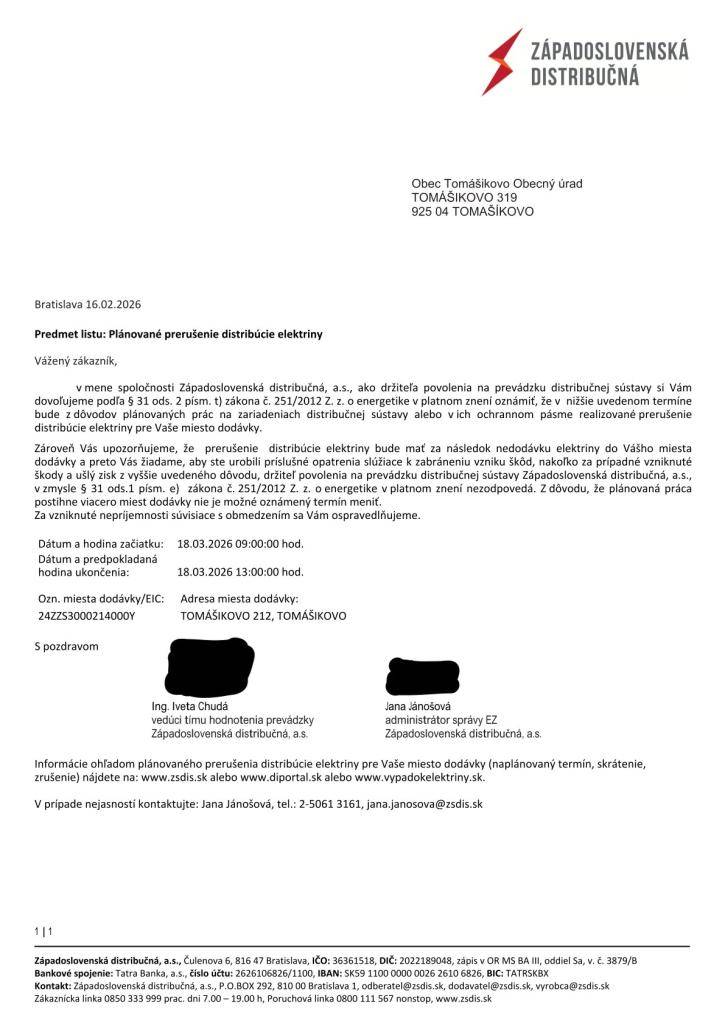 Plánované prerušenie distribúcie elektriny dňa 18.03.2026