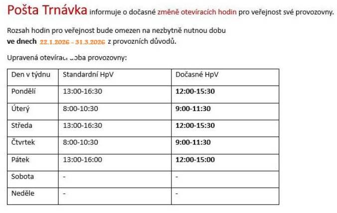 Pošta Trnávka informuje o dočasné změně otevíracích hodin, která bude platit od 22. ledna 2026 do 31. března 2026.