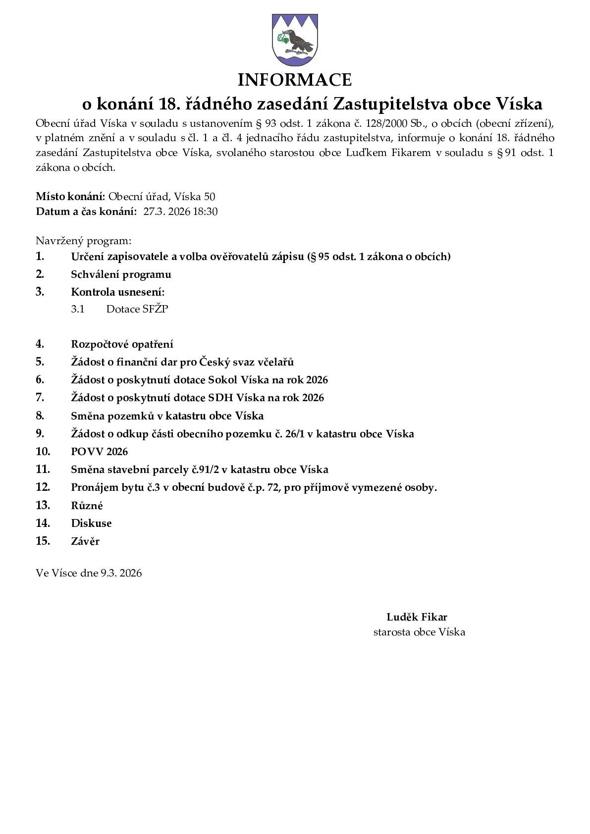Informace o konání 18. řádného zasedání ZO Víska