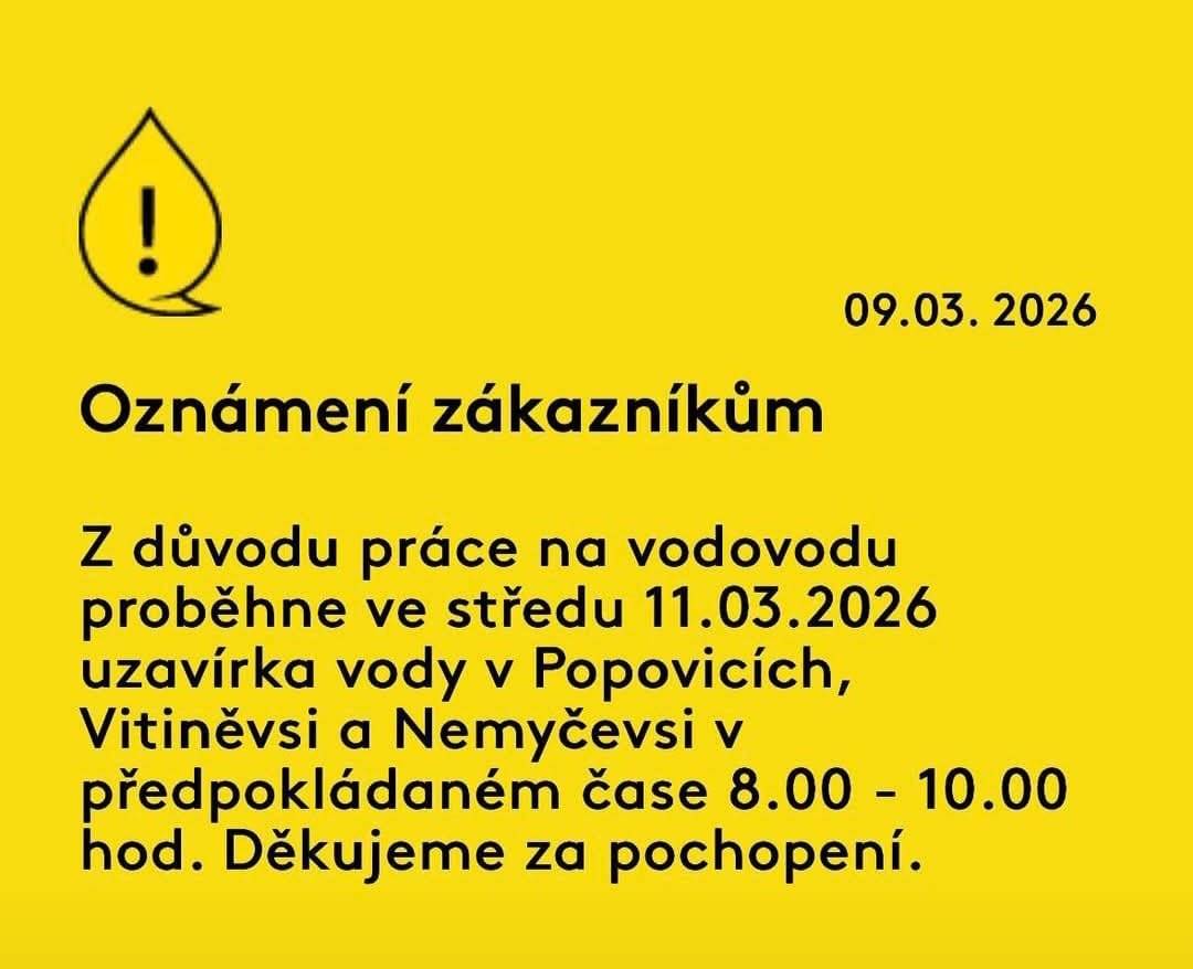 Oznámení občanům: zítra proběhne od 8 do 10 hodin odstávka pitné vody.